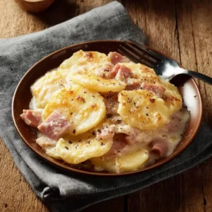 Slow cooker scalloped potatoes and ham dish, creamy and delicious comfort food.