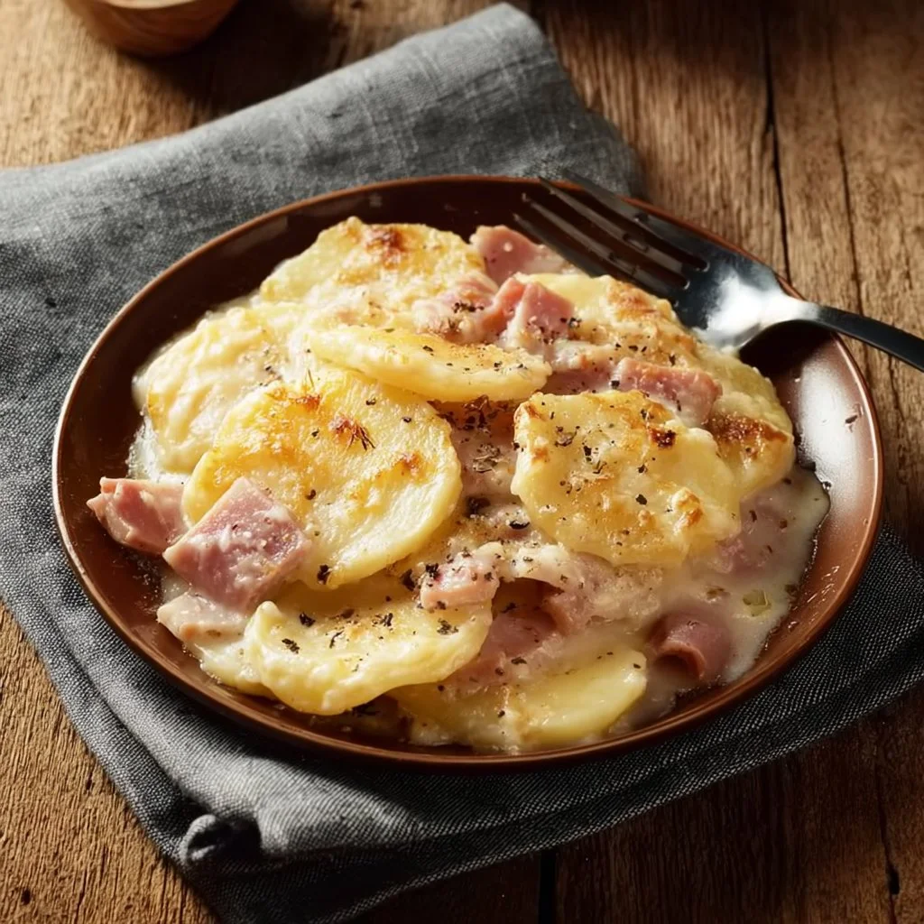 Slow cooker scalloped potatoes and ham dish, creamy and delicious comfort food.