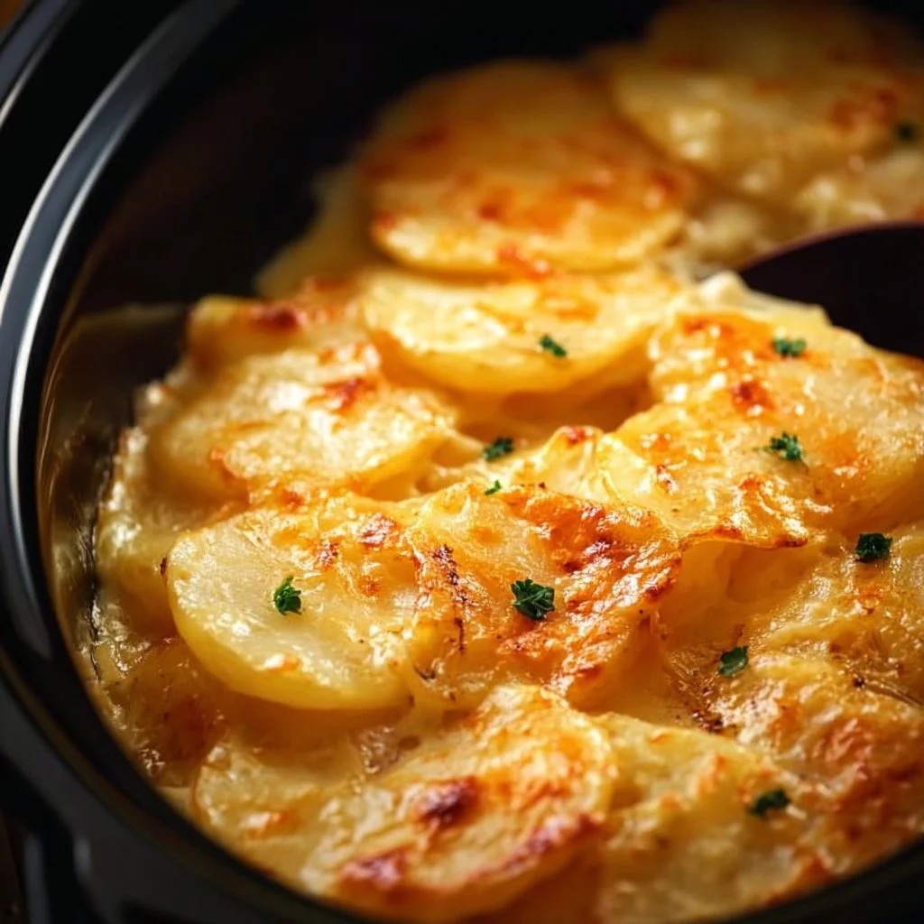 Delicious slow cooker scalloped potatoes with creamy cheese sauce.