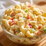 A delicious small macaroni salad served in a bowl, garnished with fresh vegetables.