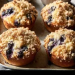 Freshly baked sourdough blueberry lemon muffins on a cooling rack