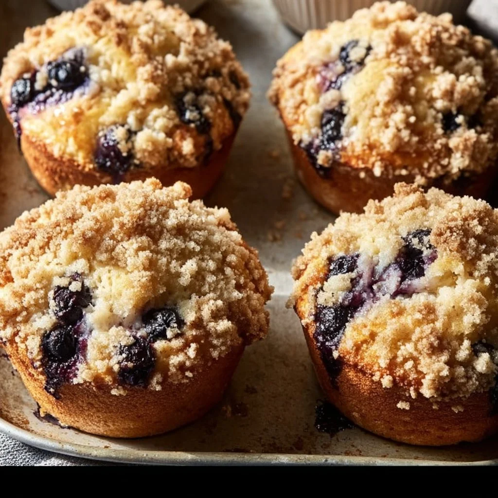 Freshly baked sourdough blueberry lemon muffins on a cooling rack