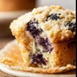 Sourdough blueberry muffins with crumble topping on a wooden table