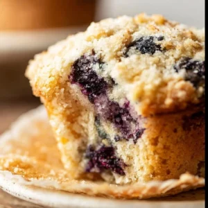 Sourdough blueberry muffins with crumble topping on a wooden table