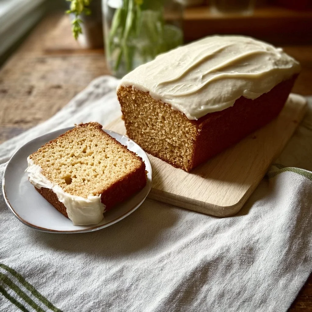 Sourdough carrot cake loaf topped with cream cheese frosting and walnuts.