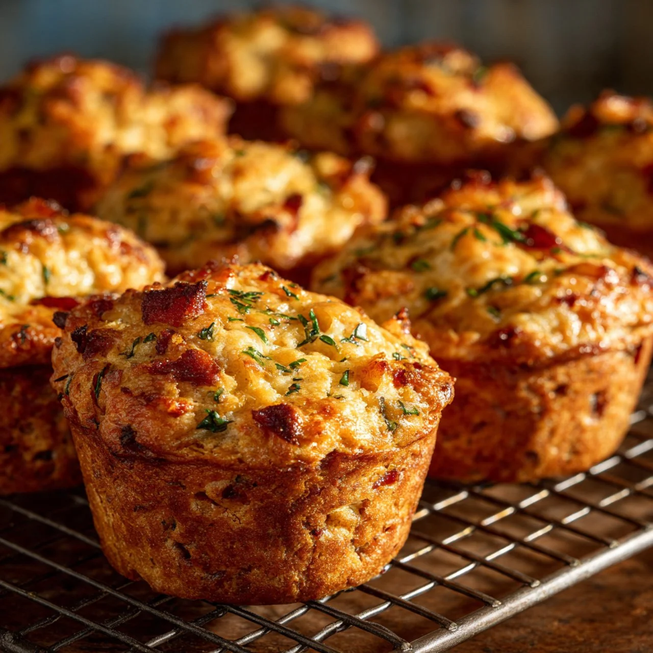 Sourdough discard bacon and cheddar breakfast muffins fresh out of the oven.