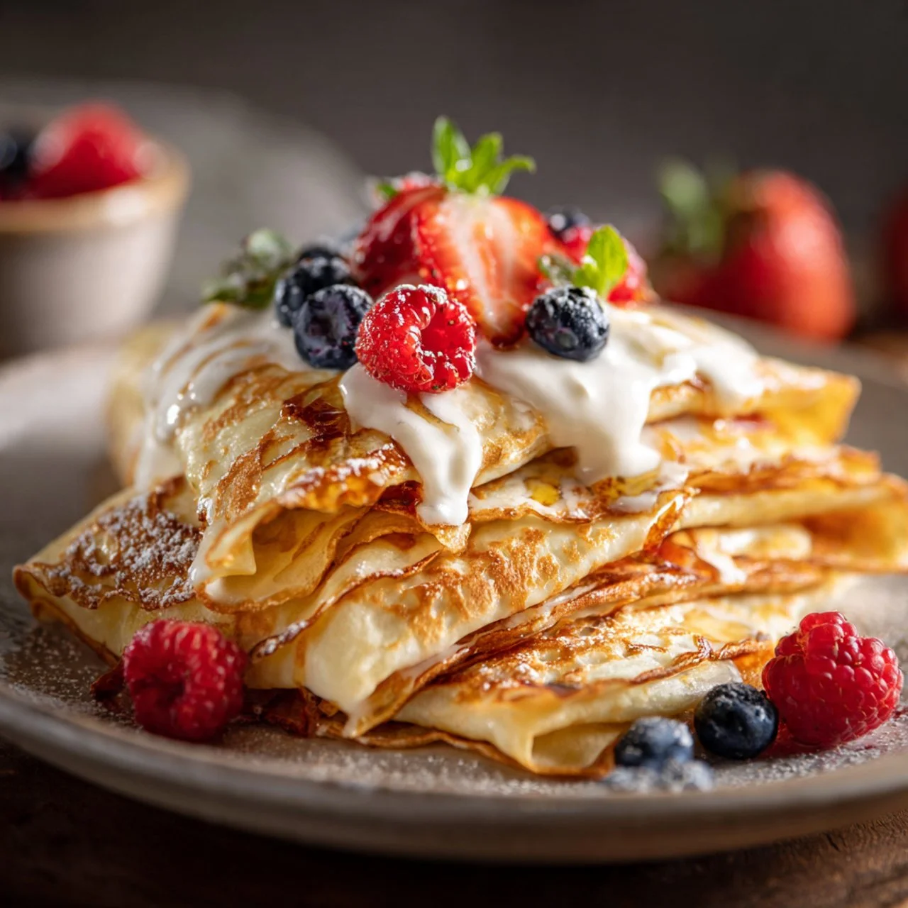 Delicious sourdough crepes filled with fresh ingredients and served on a plate.