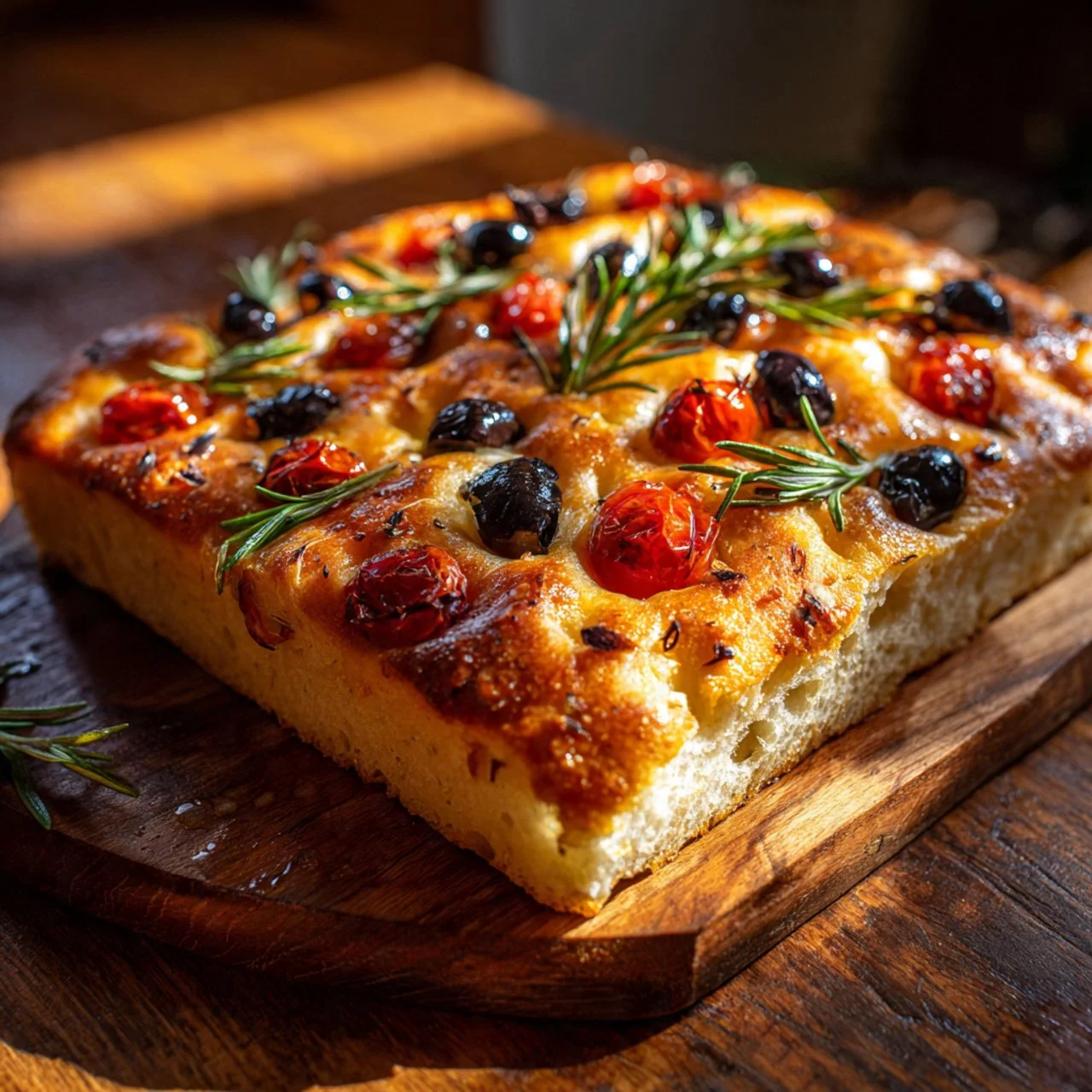 Freshly baked sourdough discard focaccia bread with herbs and olive oil