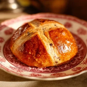Freshly baked sourdough hot cross buns on a wooden table