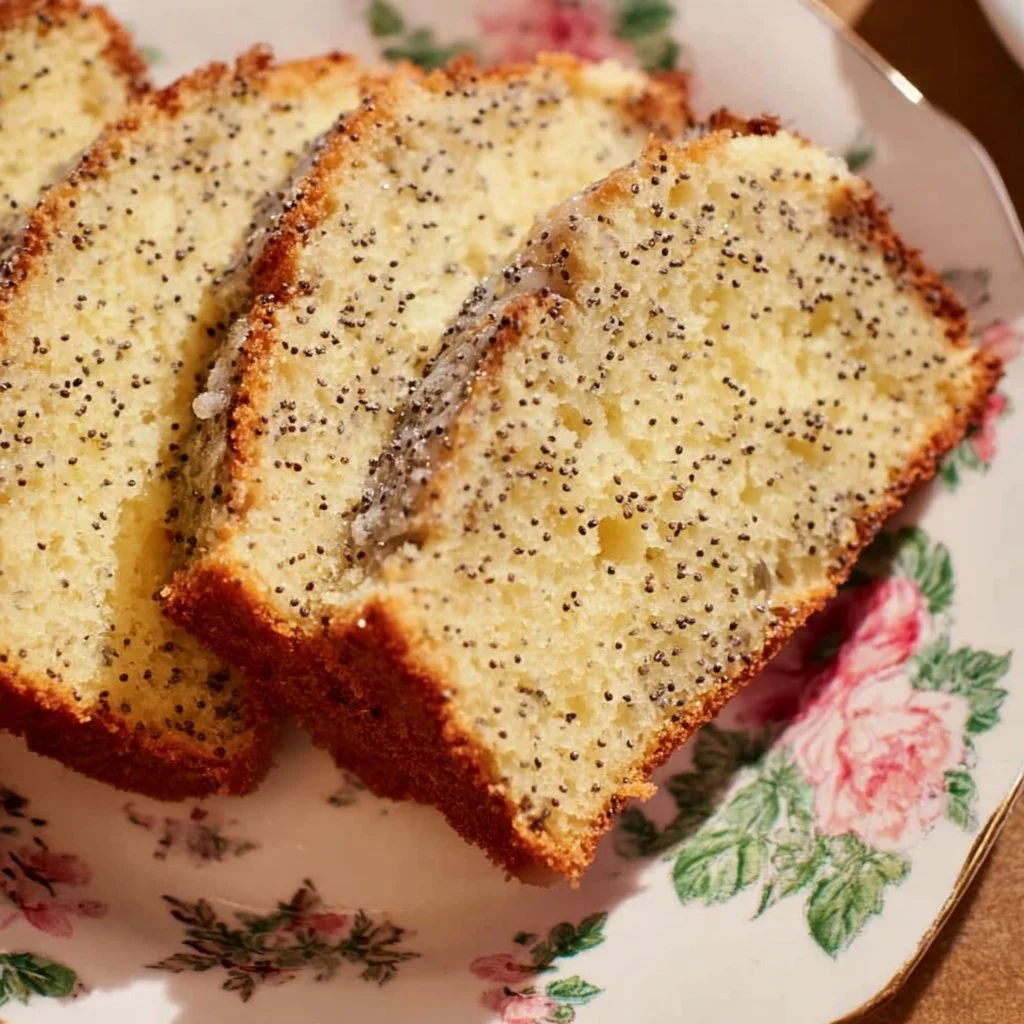 Sourdough lemon poppy seed pound cake with lemon glaze and poppy seeds