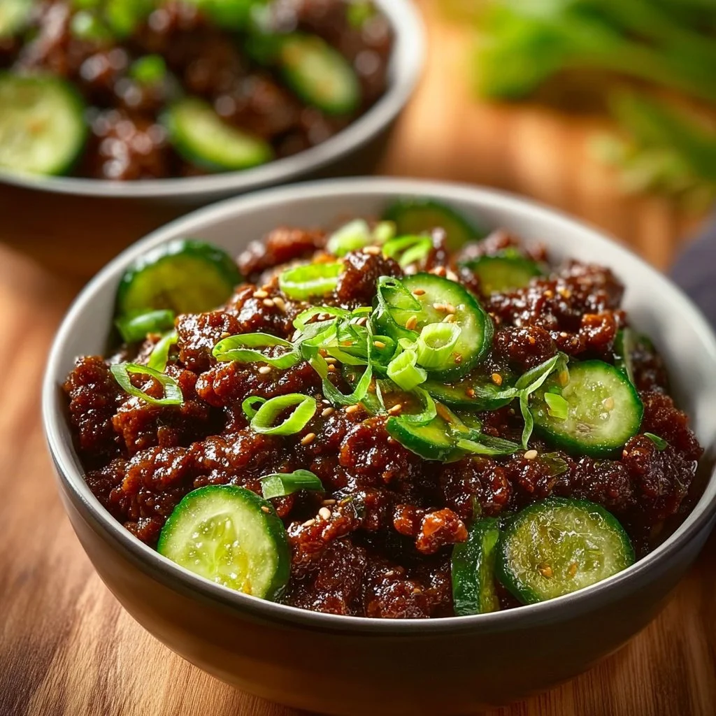 Spicy Keto Korean Ground Beef served with a refreshing cucumber salad