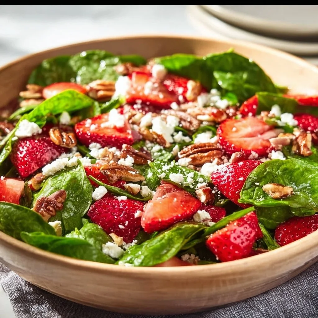 Spinach Strawberry Salad with Balsamic Poppyseed Dressing served in a bowl