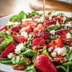 Spinach Strawberry Salad with Pecans in a bowl, topped with fresh strawberries and nuts.
