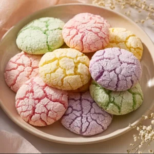 Springtime Crinkle Cookies with powdered sugar topping on a pastel plate.