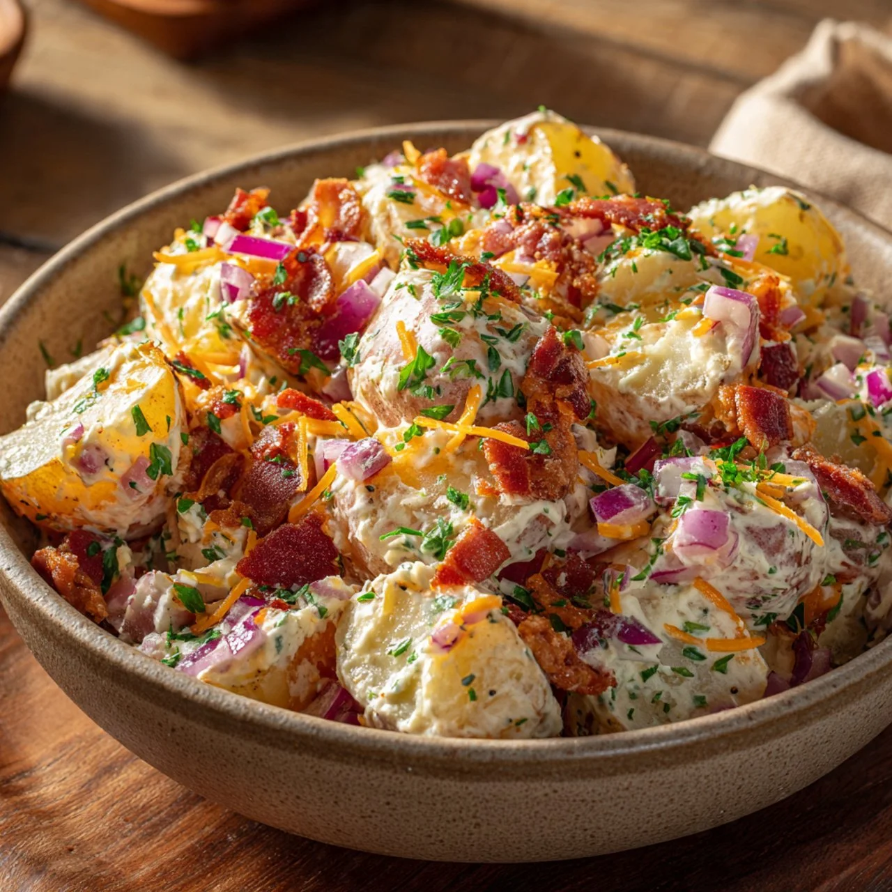 Delicious steakhouse potato salad served in a vibrant bowl