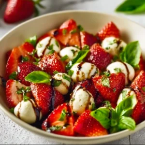 Fresh Strawberry Caprese Salad with mozzarella and basil on a plate