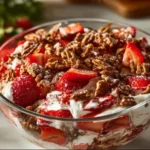 Bowl of colorful Strawberry Crackle Salad with fresh strawberries and crunchy toppings