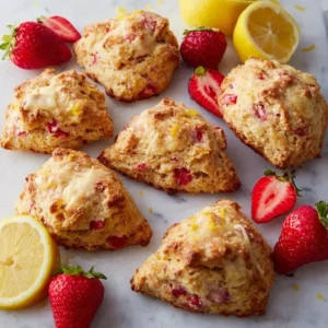 Delicious strawberry lemon sourdough scones on a rustic wooden table.
