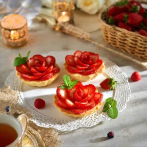Strawberry Rose Tart topped with Custard Cream and fresh strawberries