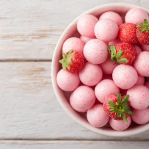 Homemade strawberry yogurt dots on a plate