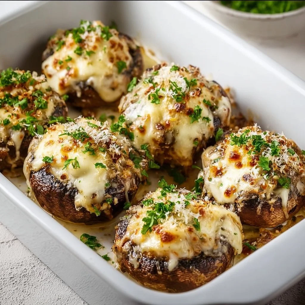 Delicious stuffed mushrooms filled with herbs and cheese on a plate