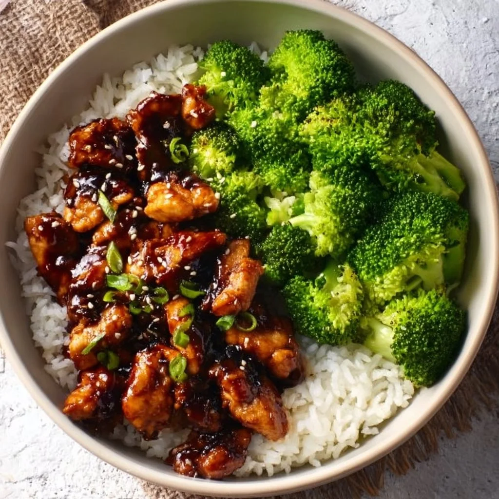 Delicious teriyaki chicken bowl topped with vegetables and rice
