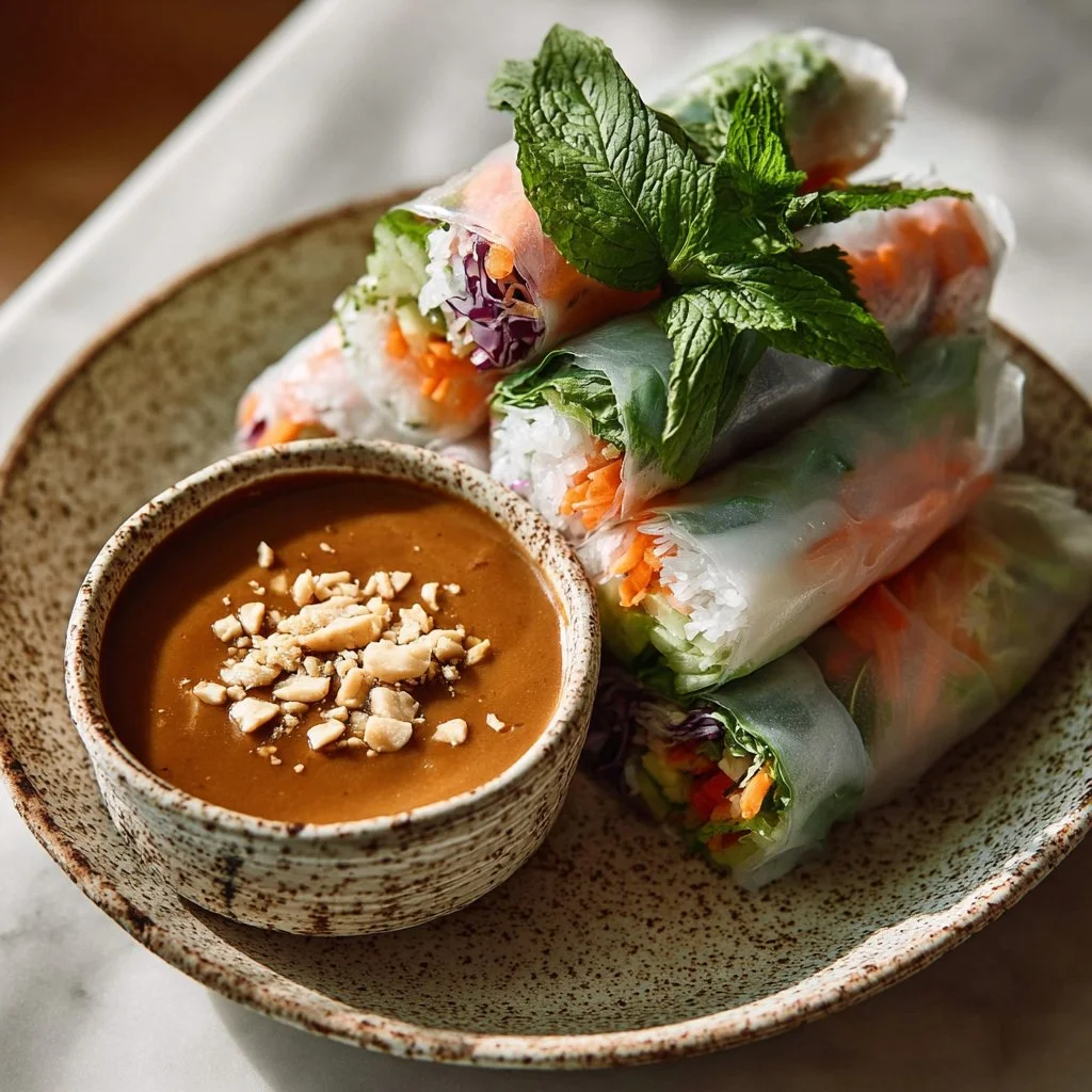Delicious Thai spring rolls served with a creamy peanut dip on a plate.