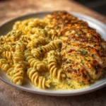 Creamy garlic parmesan chicken pasta served in a bowl with herbs on top.