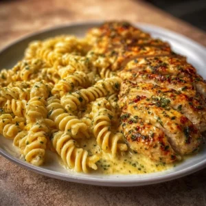 Creamy garlic parmesan chicken pasta served in a bowl with herbs on top.