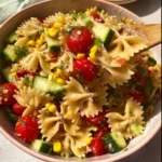 Colorful vegan pasta salad with fresh vegetables and herbs in a bowl