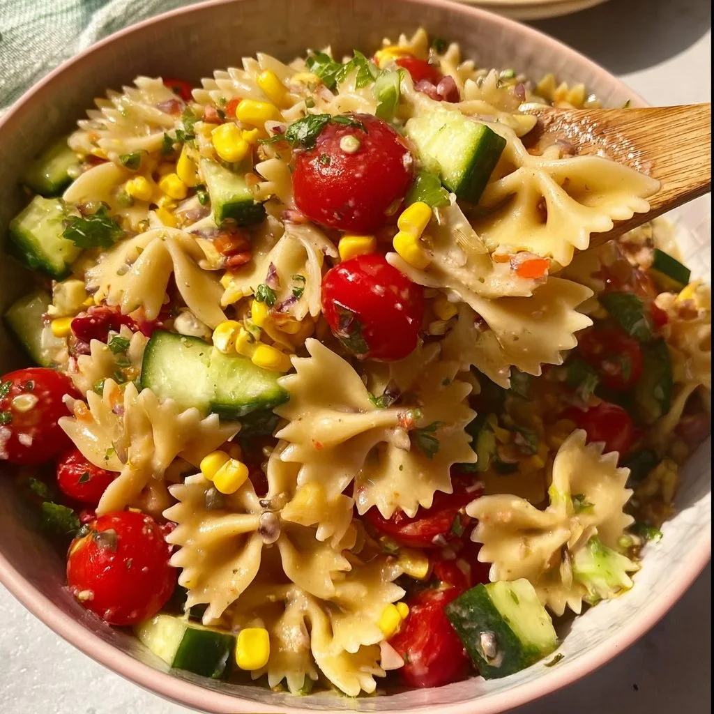 Colorful vegan pasta salad with fresh vegetables and herbs in a bowl