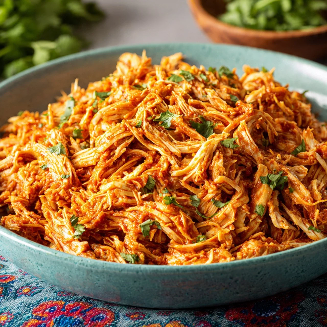 Bowl of delicious 3-ingredient crock pot chicken taco meat