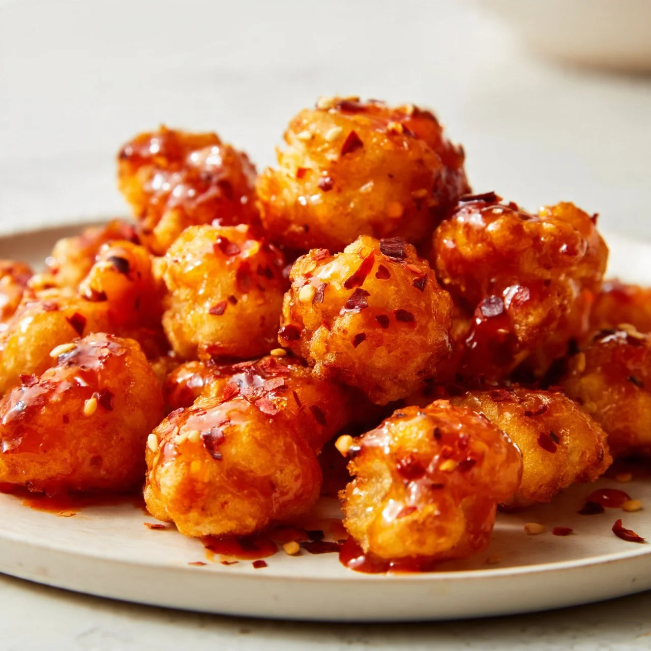 Crispy Air Fryer Honey Sriracha Cauliflower Bites on a plate
