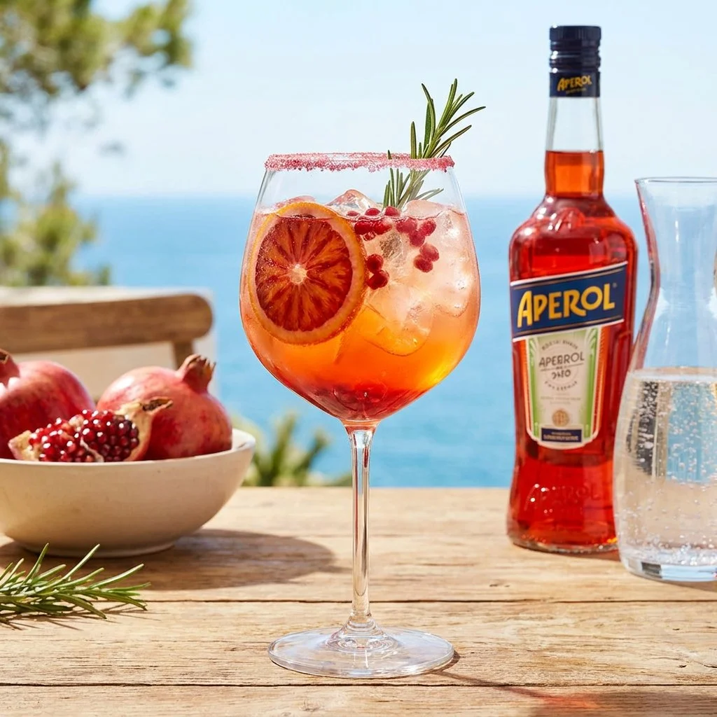 Aperol Spritz cocktail garnished with pomegranate seeds and orange slice.