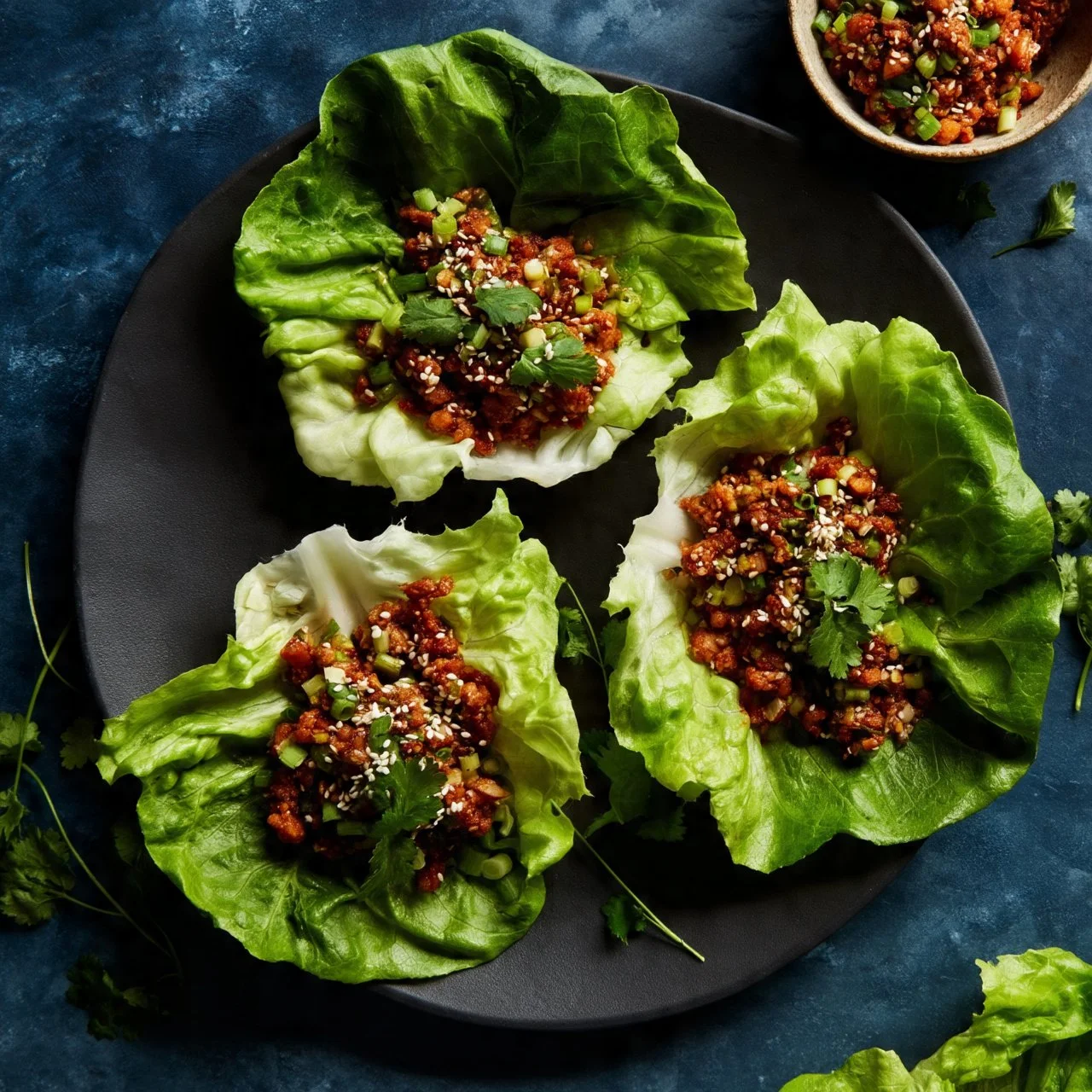 Asian chicken lettuce wraps garnished with vegetables and sauce