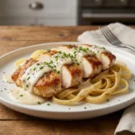 Baked Caesar Chicken topped with creamy Parmesan sauce