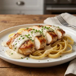 Baked Caesar Chicken topped with creamy Parmesan sauce