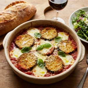 Baked eggplant Parmesan topped with cheese and marinara sauce on a plate