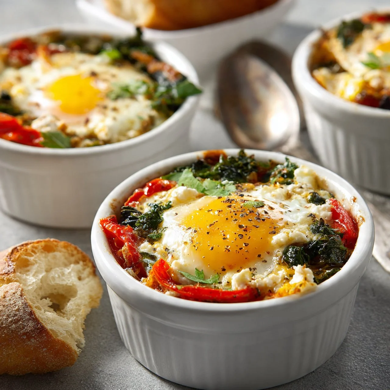 Baked feta eggs with tomatoes and spinach in a skillet