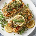 Deliciously baked Mahi Mahi fillet served with fresh herbs and lemon slices