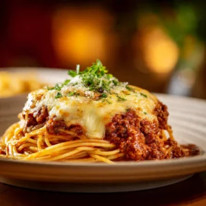 Delicious Baked Spaghetti Pie served with cheese and herbs