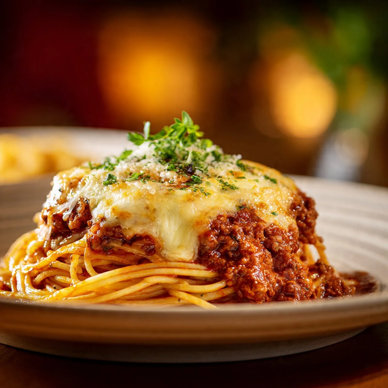 Delicious Baked Spaghetti Pie served with cheese and herbs