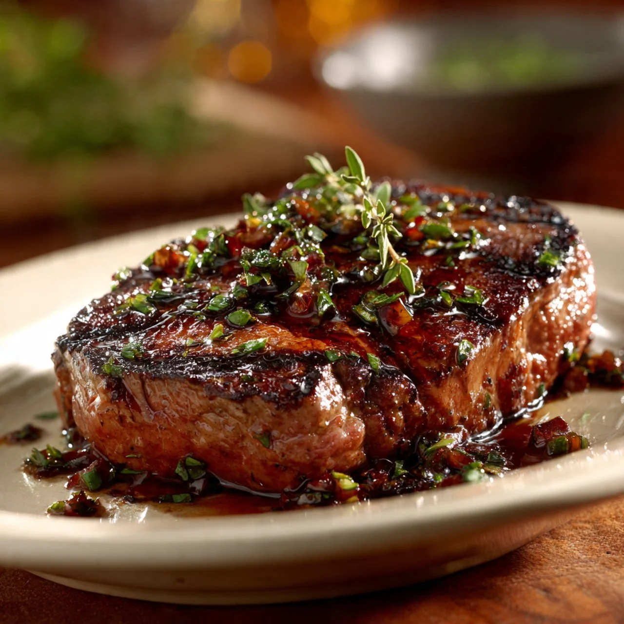 Juicy balsamic glazed steak served with herbs and vegetables