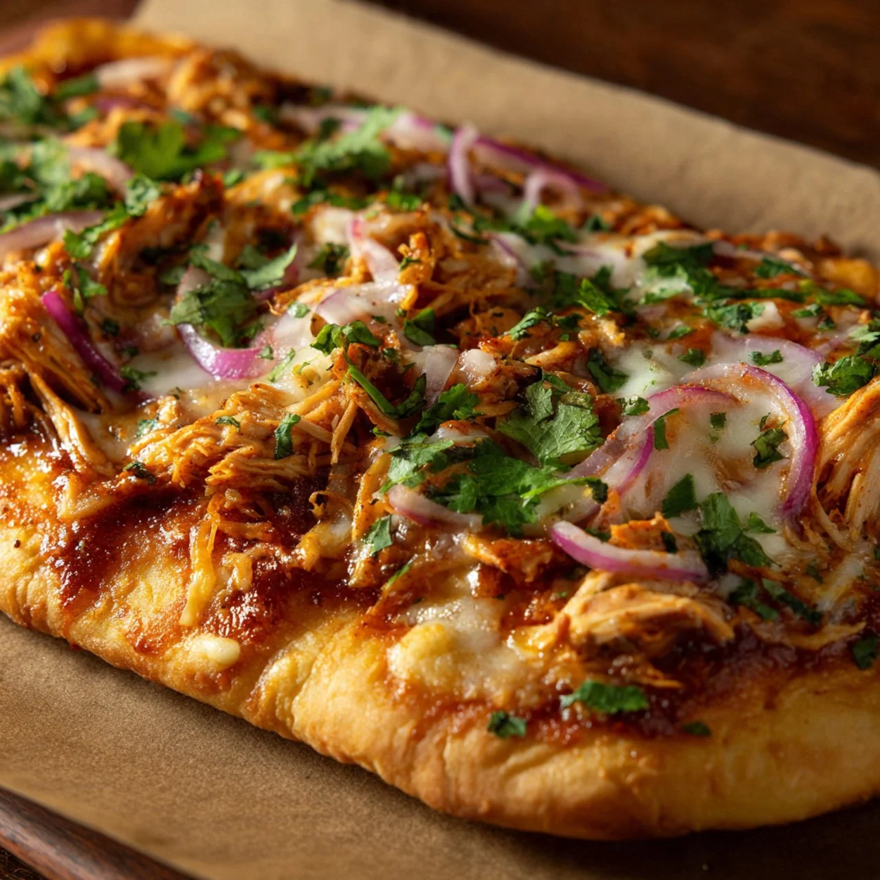 BBQ chicken flatbread topped with vegetables and sauce