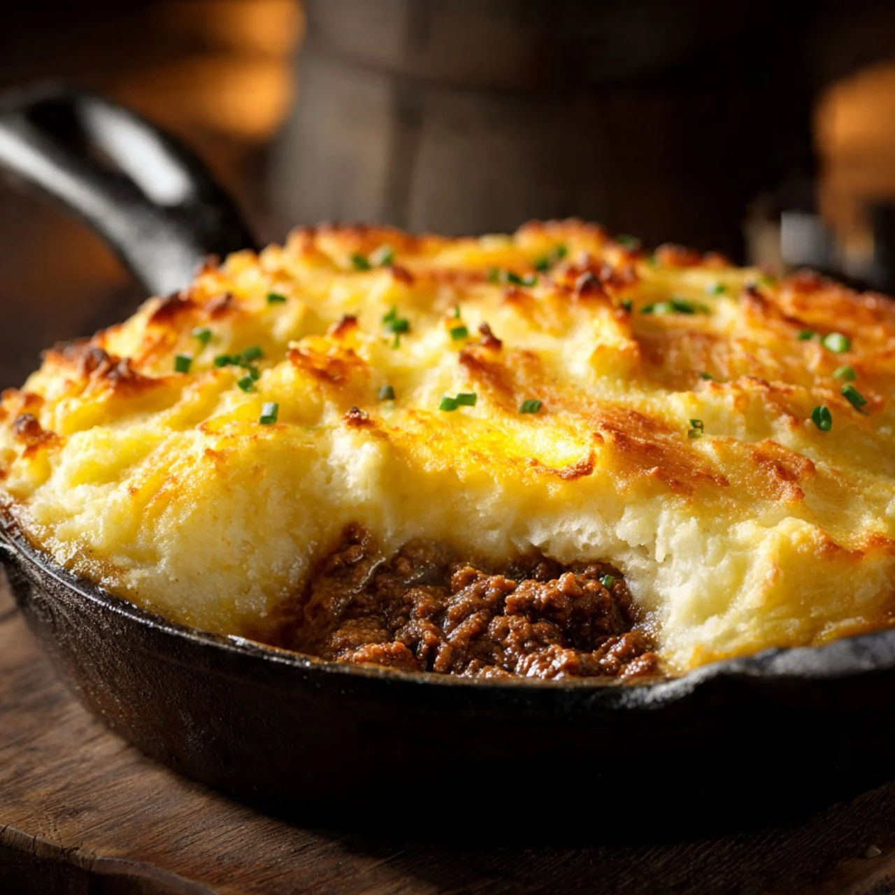 Delicious Beefy Cottage Pie topped with creamy mashed potatoes