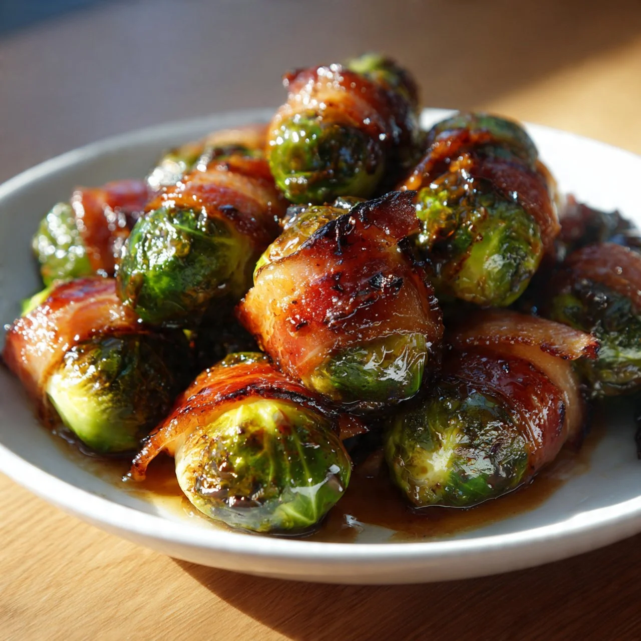 Bacon Wrapped Brussels Sprouts with Maple Sriracha Glaze