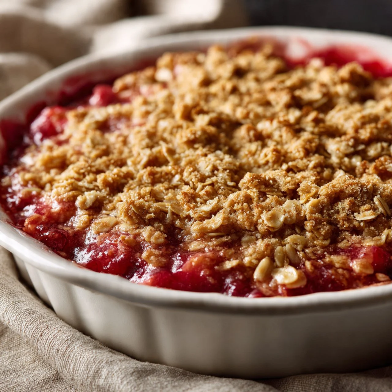 Delicious homemade rhubarb crisp topped with oatmeal crumble
