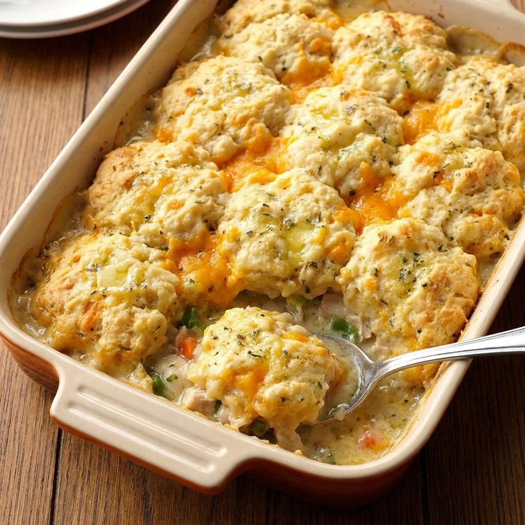 Cheddar Bay Chicken Cobbler served with a golden topping