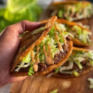 Delicious cheeseburger tacos served on a plate with toppings