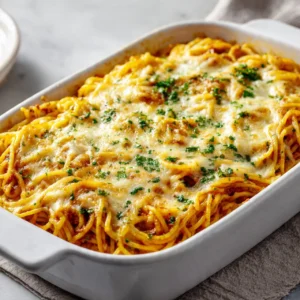 A delicious plate of cheesy baked spaghetti topped with melted cheese.